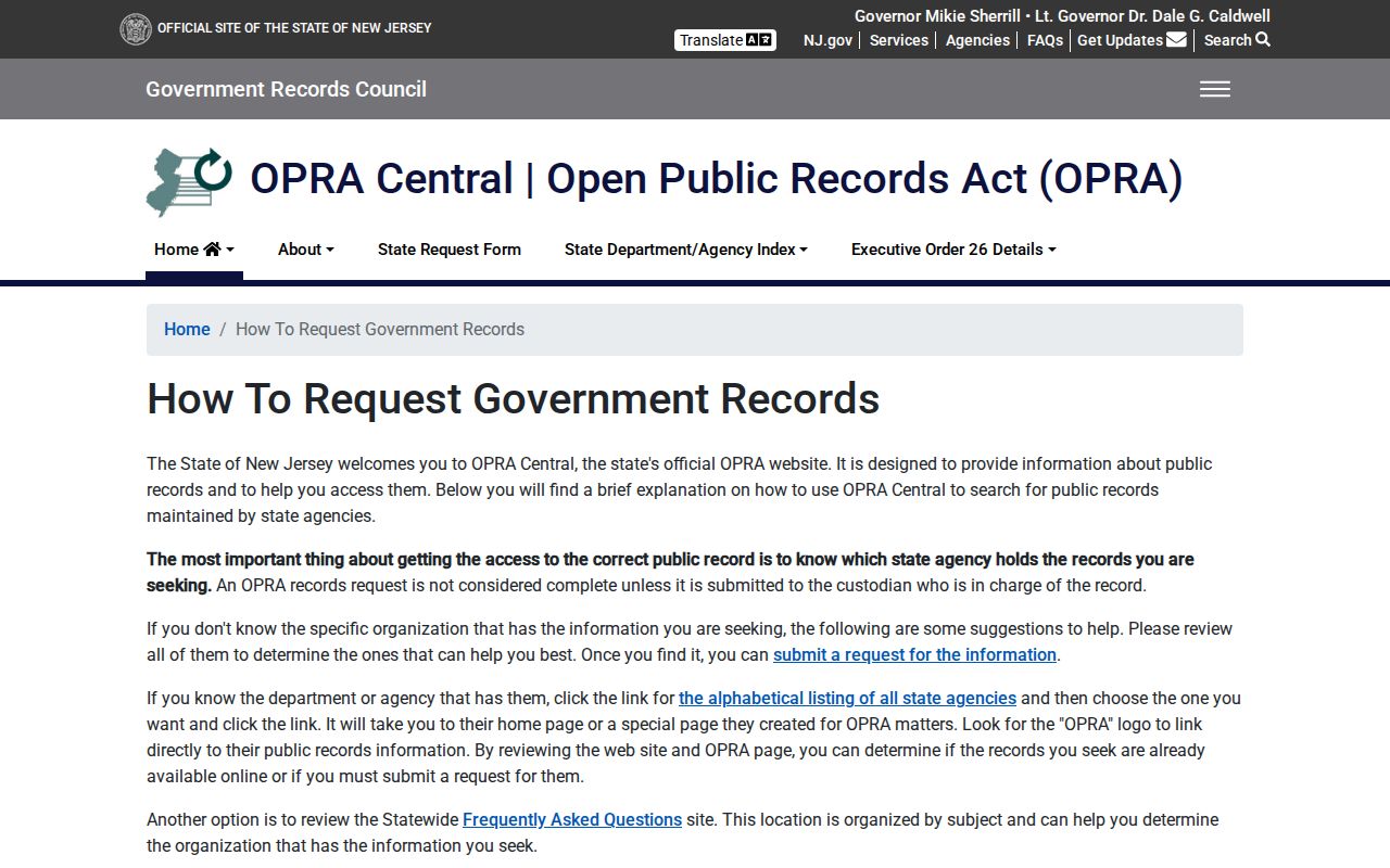 Randolph residents directory records request guidance at New Jersey OPRA Central