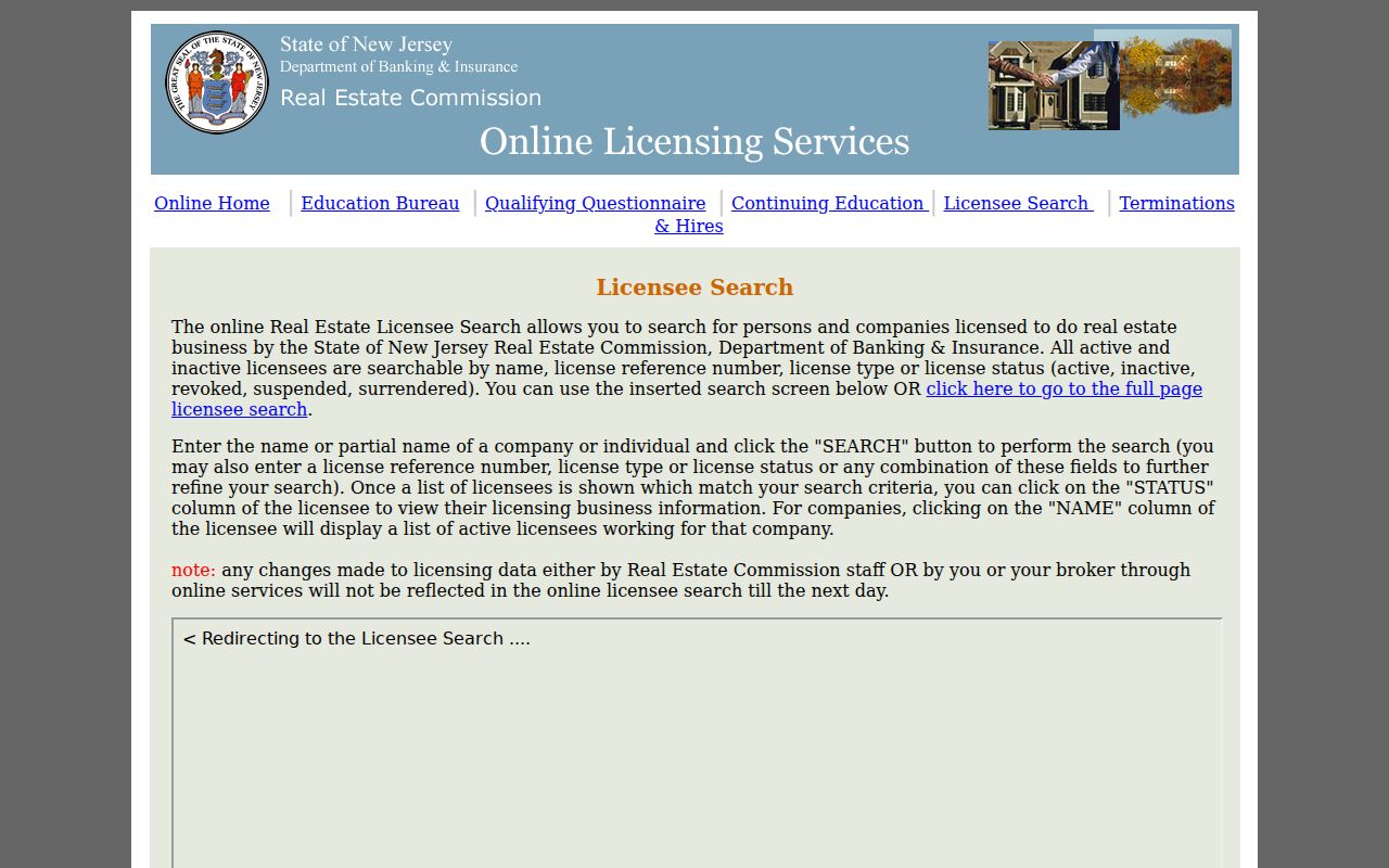Randolph residents directory professional license lookup at New Jersey Real Estate Commission