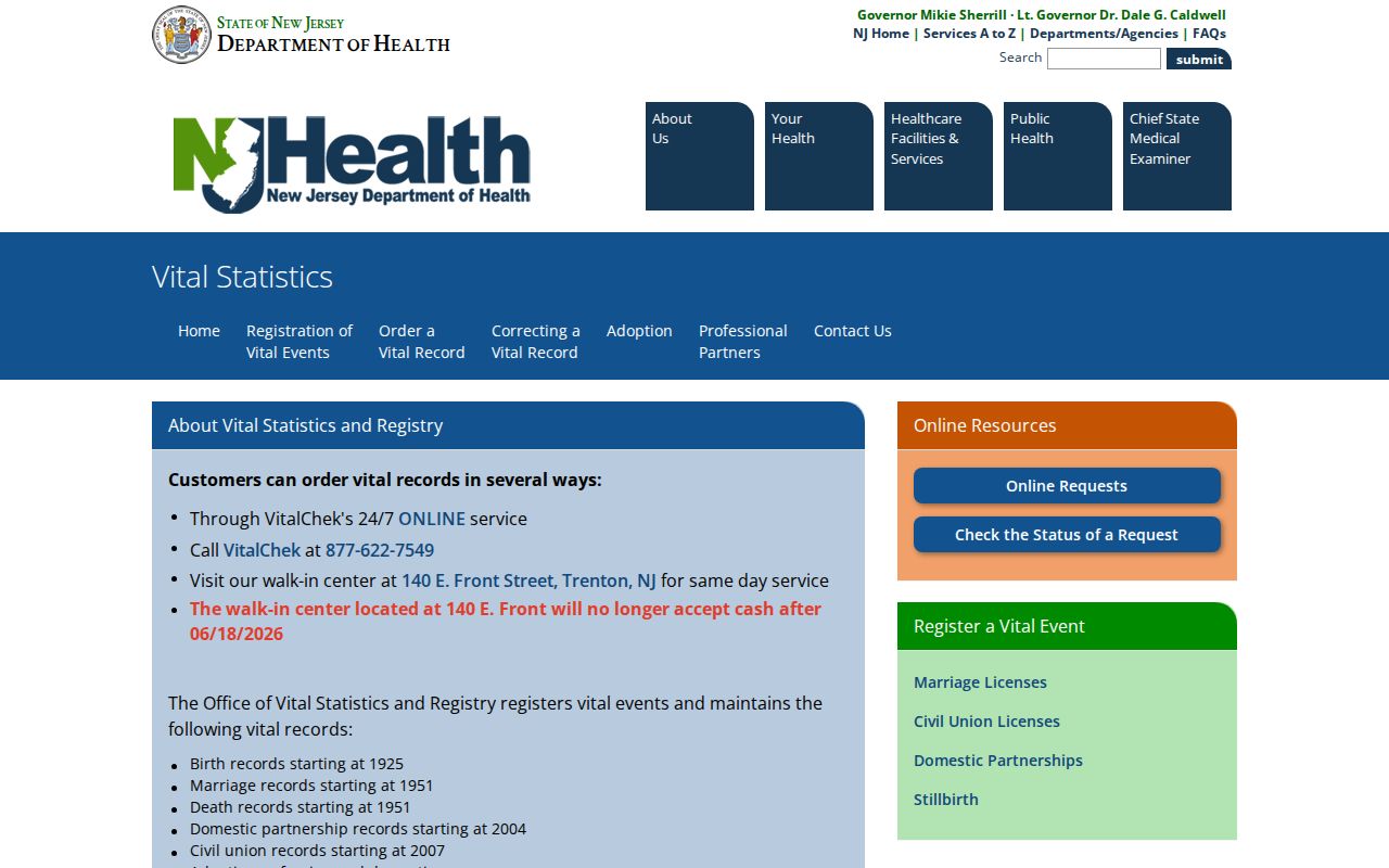 Randolph residents directory vital record access at New Jersey Vital Statistics
