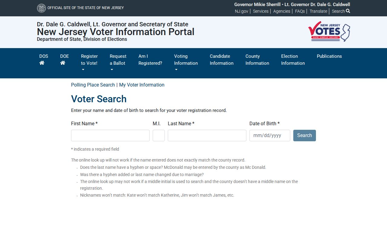 Randolph residents directory voter status route on the New Jersey portal